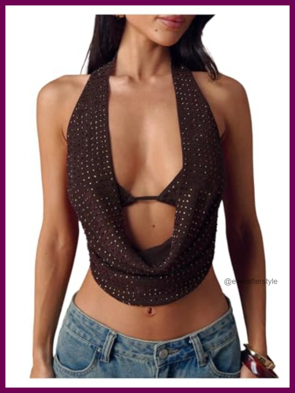 Rhinestone Draped Front Halter Crop Top Sleeveless Backless Tie Back Y2K